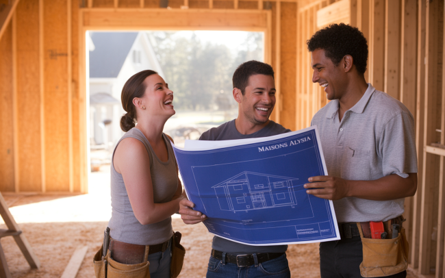 Trois personnes souriantes examinent des plans de construction dans un cadre de maison en bois en construction.