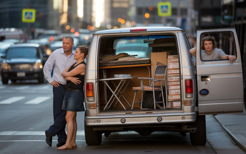 Un homme et une femme s'appuient sur une camionnette, avec des meubles à l'intérieur, tandis qu'une autre femme regarde par la porte.